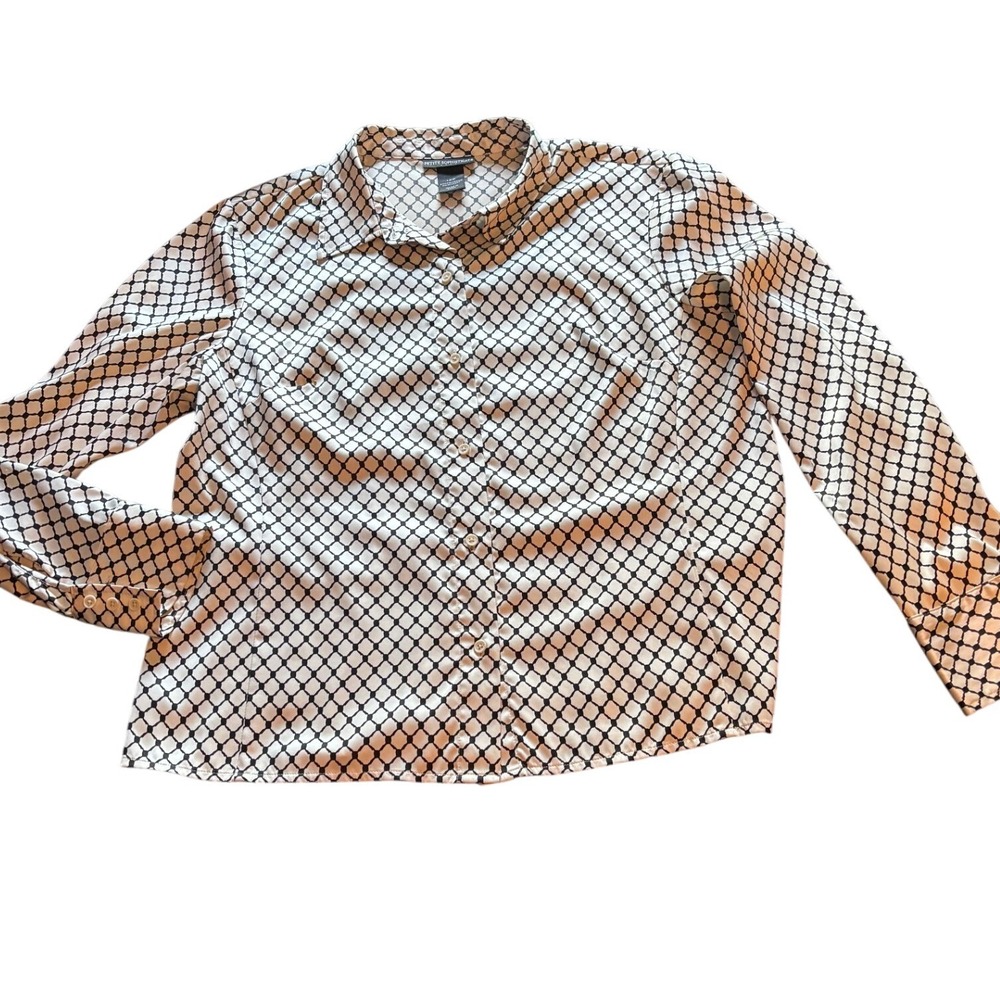 Petite Sophisticate Vintage Black White Geometric Lattice Button Down Blouse 12P - Picture 9 of 9